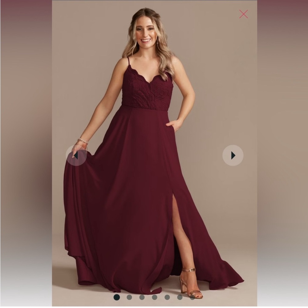David's Bridal Burgundy Lace Bodice Maxi Dress with Thigh Slit, WORN ONCE